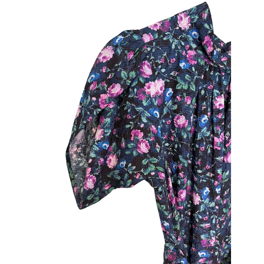 Rebecca Taylor Ruby Floral Petal Sleeve Silk Dress Blue Purple Mock Neck Size 0